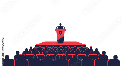 A speaker at a podium addressing an audience in a conference setting.