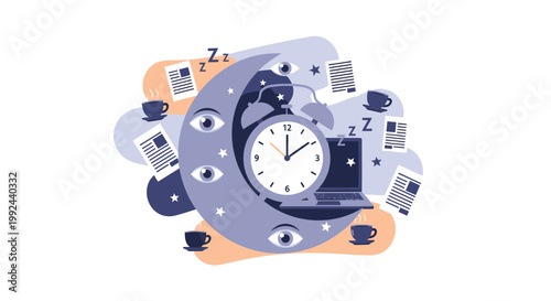 Fatigue, sleep deprivation, time management, business productivity icons, vector set