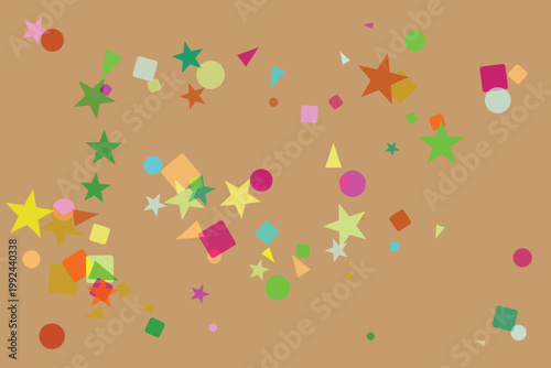 A scattered collection of colorful translucent geometric shapes including stars circles squares and triangles floating against a light brown background for festive occasions