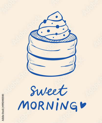 Poster "Sweet morning" with hand-drawn fluffy souffle pancakes. Line art illustration of breakfast with hand lettering phrase for card or print. Vector drawing of a trendy japanese dessert.