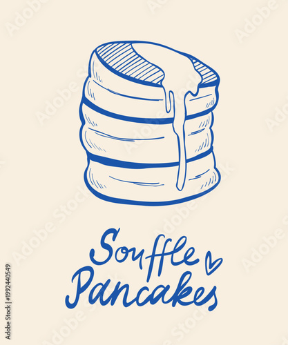 Line art illustration of fluffy souffle japanese pancakes with honey or melted butter on top. Vector poster with drawing of sweet breakfast and handwritten lettering phrase.