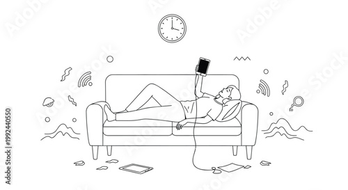 Relaxed woman on sofa, reclining, lazy day, vector line art, minimalist illustration, leisure, comfort