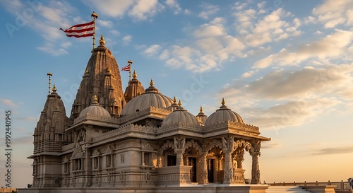 A stunning Hindu temple at sunset with flags flying high