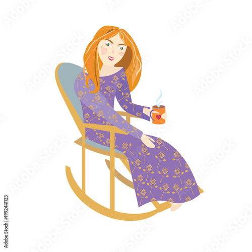 Young smiling girl in rocking chair with cup of coffee with heart flat modern design object isolated on white