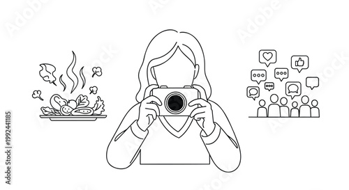 Food blogger, social media influencer, line icon set, vector graphics