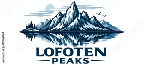 Lofoten Peaks mountain logo with dramatic Arctic fjord landscape, mirrored reflection on still water and soaring birds, ideal for travel branding, adventure tourism and outdoor gear