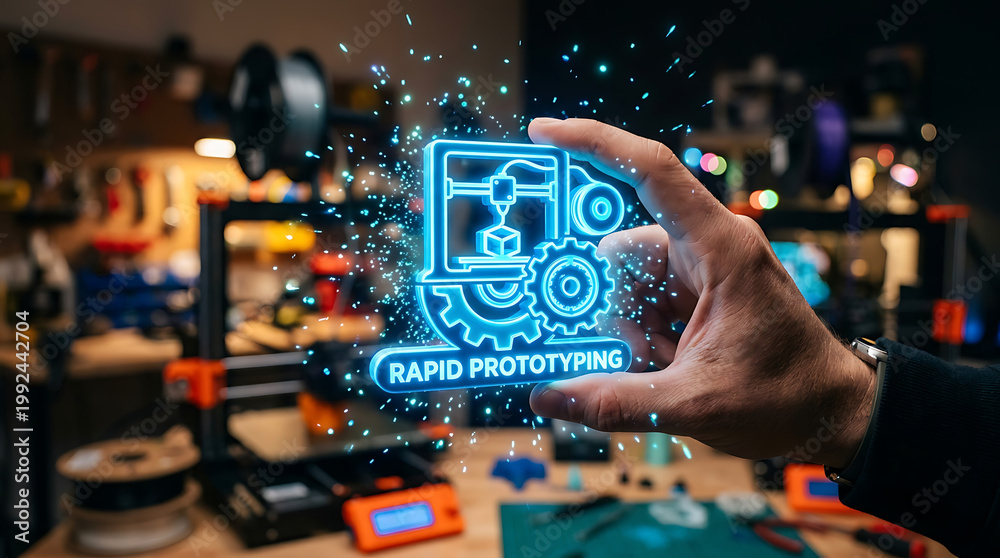 Fototapeta premium Hand holding a glowing holographic 3d printing icon for rapid prototyping