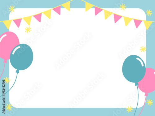 紙吹雪とフラッグガーランドと風船の装飾フレーム背景