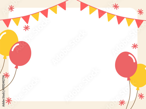 紙吹雪とフラッグガーランドと風船の装飾フレーム背景