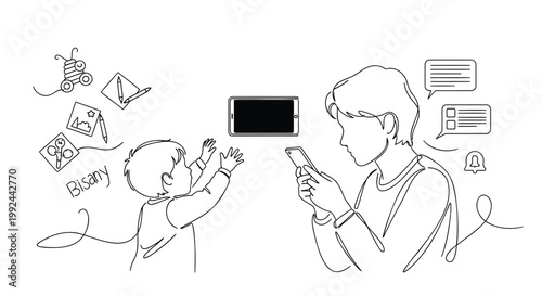 Distracted parenting, busy parents, smartphone addiction, family life, vector illustration