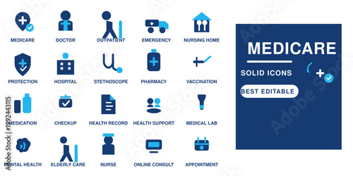 Medicare solid icons set, medical healthcare vector symbols for insurance and hospital services, blue professional nursing home and doctor glyphs