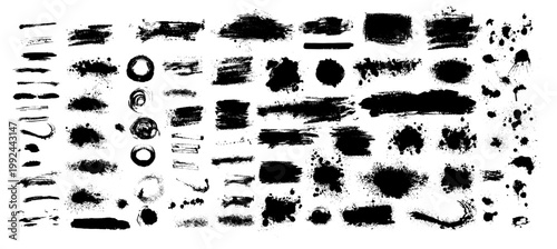 Set of black blots, brush strokes. collection of artistic grungy black paint hand made creative brush stroke set isolated on white background. Grunge Design Elements. Not AI, vector illustration.