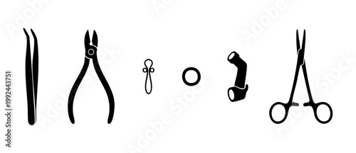 Medical surgical instruments set silhouette isolated on white background, dental and healthcare equipment icons including tweezers, pliers, surgical scissors and dental tools for professional clinic u