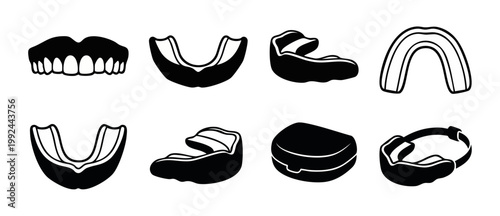Mouth Guard Sports Protector Set, Boxing Gum Shield Icons, Dental Protection Equipment for MMA, Rugby, Karate, Teeth Guards with Storage Case, Silhouette Vector Graphics for Athletic Safety Gear Colle