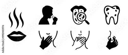 Bad Breath Oral Hygiene Icons Set for Dental Health and Disease Symptoms Including Halitosis, Coughing, Tooth Decay, Bacteria Inspection, and Personal Care Diagnostic Flat Vector Illustration Design