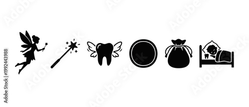 Tooth Fairy Icon Set Collection Vector Illustration with Magic Wand, Winged Tooth, Coin, Money Pouch and Sleeping Child for Pediatric Dental Office or Childhood Myth Concept Design Isolated on White