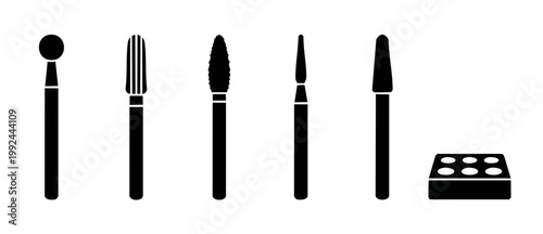 Nail Drill Bits Set Professional Manicure Tools Vector Icons for Salon Equipment and Pedicure Routine, Different Shapes Heads and Holder Stand, Isolated Black Silhouettes for Beauty Industry Design