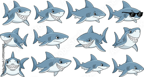 Cartoon shark character set with different expressions and poses, cute and aggressive ocean predator mascots, funny marine animal vector illustration collection isolated