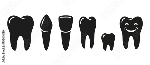 Tooth icon set, dental health symbols and human teeth shapes for dentistry clinic branding, including molar, incisor and canine, isolated on white background, professional clinical vector illustration
