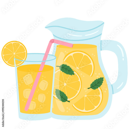 Fresh lemonade in glass with ice and pitcher 