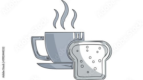 Cup of hot tea with toast bread beside shown in cozy breakfast illustration flat design simple composition vector