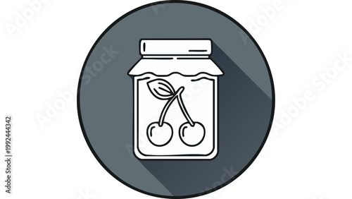 Glass jar with cherry fruit label illustrated in simple flat icon style representing preserved food vector