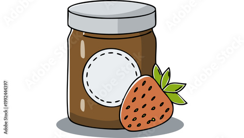 Jar of strawberry jam with fruit beside illustrated in simple flat icon style food container concept vector