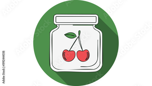 Glass jar containing cherries preserved inside shown in clean food storage illustration style vector