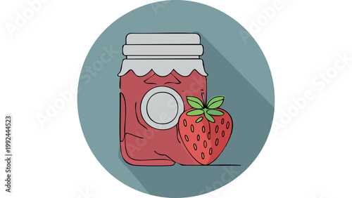 Strawberry jam jar with fruit beside shown in soft shadow flat illustration for food concept vector