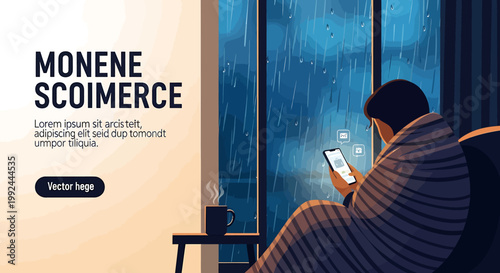 Monsoon sale mobile ecommerce browsing through rainy window for digital shopping promotion