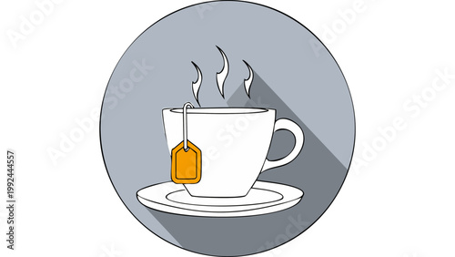 Hot tea cup with teabag and steam rising placed on saucer in minimal beverage illustration style vector