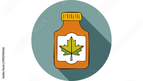 Maple syrup bottle with maple leaf symbol displayed in simple condiment product illustration style vector