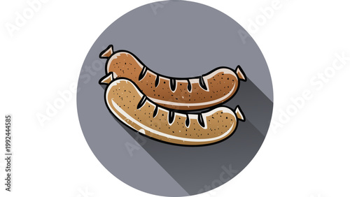 Two grilled sausages with browned texture shown in simple meat dish illustration isolated vector