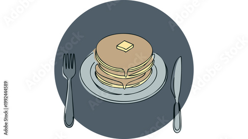 Stack of pancakes served with butter and utensils placed beside plate in breakfast meal illustration vector