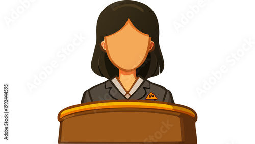 Female speaker standing at podium delivering speech represented in simple professional illustration vector
