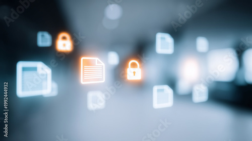 Floating document and padlock icons in a digital space representing secure file sharing, protected data access, and information privacy.
