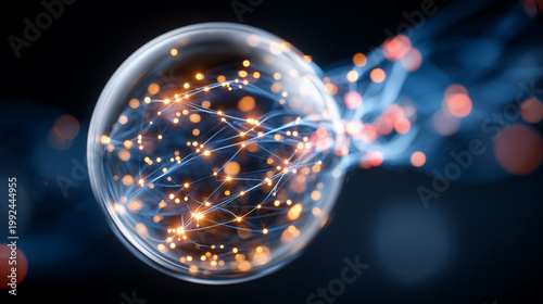 A transparent sphere filled with connected nodes representing data networks, neural processing, and intelligent communication systems.
