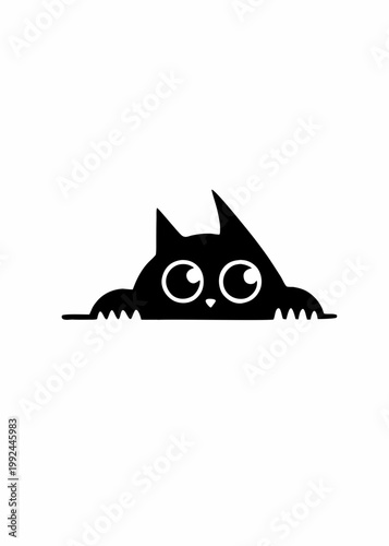 Cute black owl-kitten hybrid peeking over edge with big round eyes, tilted head, funny curious silhouette, isolated vector illustration. Transparent background