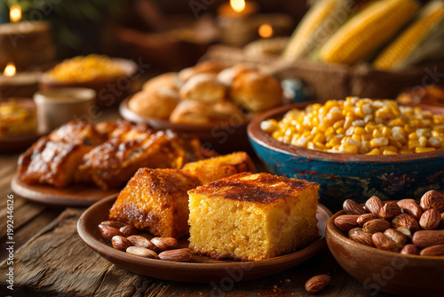 Table with traditional dishes from the Brazilian June Festival, sweets and savory snacks.