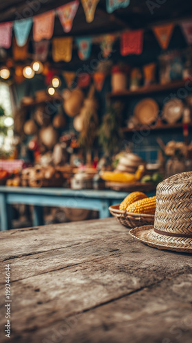 Brazilian Festa Junina decoration, featuring a rustic wooden table in the background with a kitchen decorated with colorful flags (out of focus), and space for text.