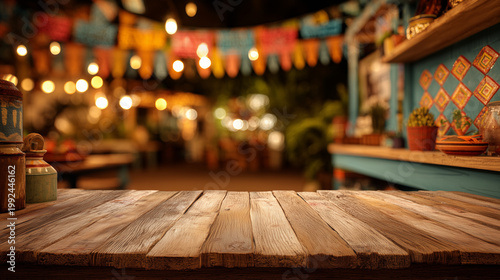 Brazilian Festa Junina decoration, featuring a rustic wooden table in the foreground against a blurred kitchen background with colorful flags, and space for text.
