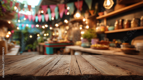 Brazilian Festa Junina decoration, featuring a rustic wooden table in the background, a blurred kitchen with cakes and sweets on the table and colorful flags, with space for text.