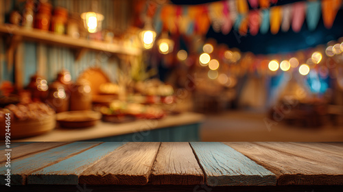 Brazilian Festa Junina decoration, featuring a rustic wooden table in the background, a blurred kitchen with cakes and sweets piled high and colorful flags, with space for text.