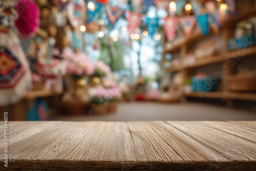 Brazilian Festa Junina decoration, featuring a rustic wooden table in the foreground against a blurred kitchen background with colorful flags and flowers, and space for text.