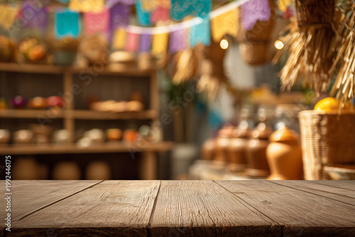 Brazilian Festa Junina decoration, featuring a rustic wooden table as the focal point against a blurred kitchen background adorned with colorful flags. A cozy, festive atmosphere with space for text.