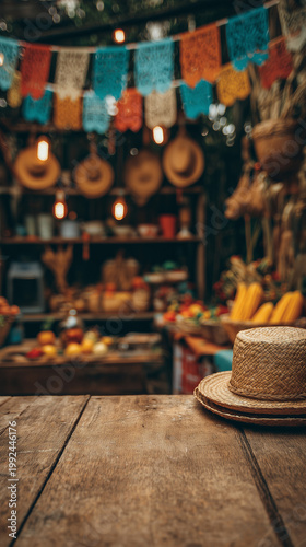 Brazilian Festa Junina decoration, featuring a rustic wooden table and straw hat as a focal point in the background. A kitchen with colorful flags is blurred, with space for text.
