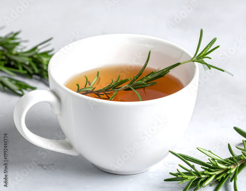 Minimalist Rosemary Herbal Tea in White Cup, Wellness and Natural Detox Concept, Bright Studio Lighting, AI generated digital art
