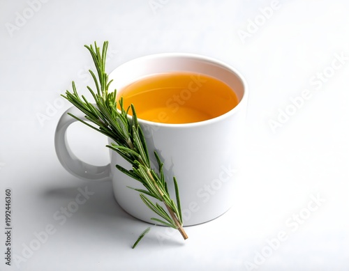  Minimalist Rosemary Herbal Tea in White Cup, Wellness and Detox Concept, Top View with Sunlight Shadows, AI generated digital art