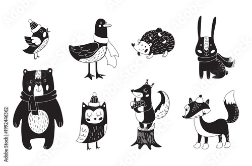 Animal silhouettes set. Forest dwellers icons. Bear in scarf, hedgehog with mushrooms and fox in hat. Fauna and wildlife. Flat vector collection