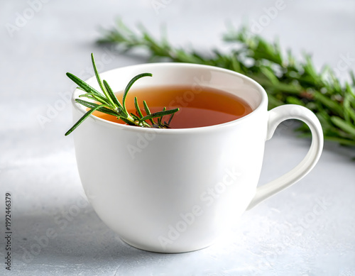 Rosemary herbal tea in white cup, cozy wellness still life on gray background, soft studio lighting, 3D render style, AI generated digital art
